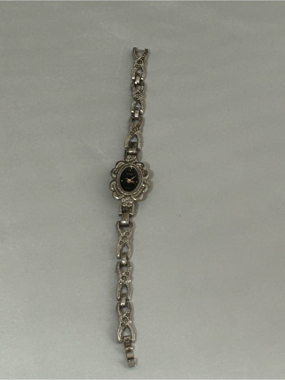 1928 Silver-Tone Floral Link Bracelet Watch with Black Dial